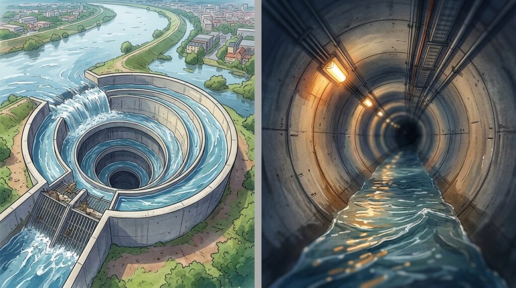 Com 6,3 quilômetros de túneis, um sistema japonês desvia águas de enchentes sob cidades ao norte de Tóquio
