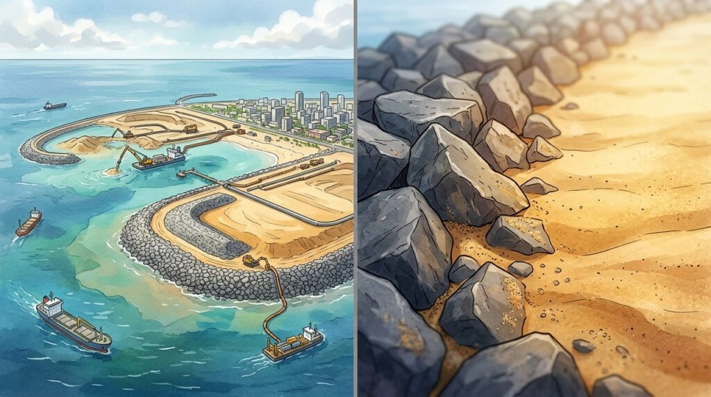 A ilha artificial que cresce sobre o mar para proteger cidades da subida das águas e criar espaço onde antes existia apenas oceano