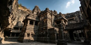 Um gigantesco complexo religioso, o Templo de Kailasa, foi esculpido diretamente na rocha e continua intrigando engenheiros séculos depois