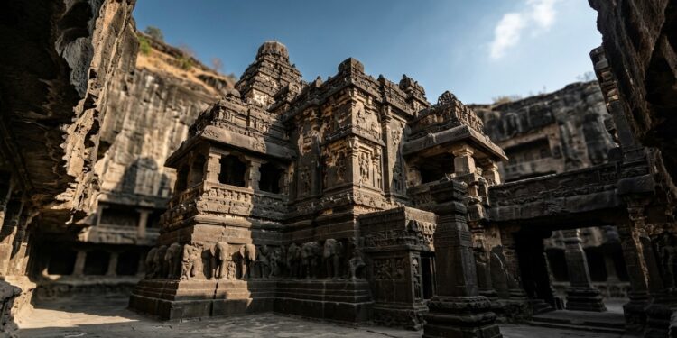 Um gigantesco complexo religioso, o Templo de Kailasa, foi esculpido diretamente na rocha e continua intrigando engenheiros séculos depois