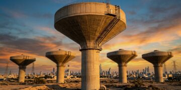 Dezenas de torres de água do Kuwait armazenam mais de 100 milhões de litros e distribuem o volume pela força da gravidade