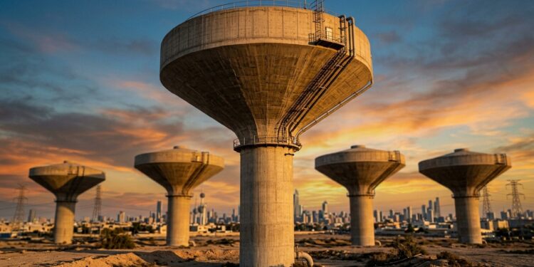 Dezenas de torres de água do Kuwait armazenam mais de 100 milhões de litros e distribuem o volume pela força da gravidade