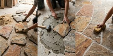 Azulejista especializado em pedra natural trabalha com peças que não chegam perfeitamente iguais e cada parede exige uma paginação diferente
