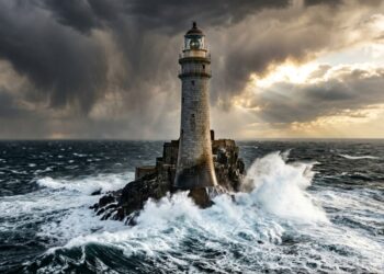 Um farol construído sobre uma pequena rocha enfrenta tempestades no Atlântico Norte há mais de um século sem ligação com o continente