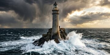Um farol construído sobre uma pequena rocha enfrenta tempestades no Atlântico Norte há mais de um século sem ligação com o continente