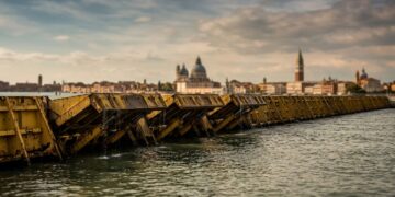 78 comportas ficam escondidas no fundo das entradas da Lagoa de Veneza e se levantam para impedir que marés extremas avancem sobre a cidade