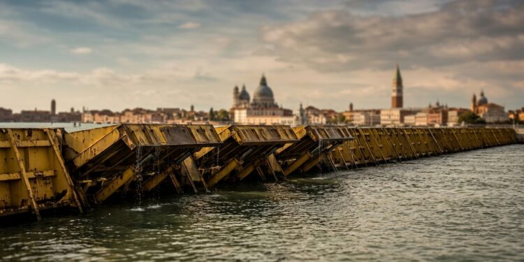 78 comportas ficam escondidas no fundo das entradas da Lagoa de Veneza e se levantam para impedir que marés extremas avancem sobre a cidade