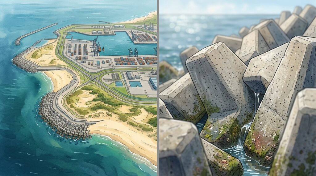 Um enorme quebra-mar de concreto protege um dos portos mais movimentados do mundo desde a expansão da Maasvlakte 2