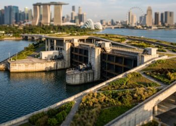 Uma barragem no centro de Singapura segura água doce, reduz enchentes e ainda transforma sua própria cobertura em parque urbano
