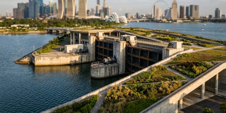 Uma barragem no centro de Singapura segura água doce, reduz enchentes e ainda transforma sua própria cobertura em parque urbano
