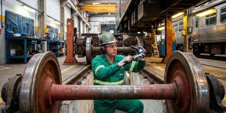 Mecânico ferroviário inspeciona, recupera e testa componentes de locomotivas e vagões