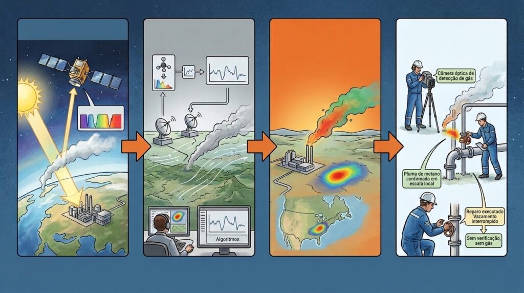 Satélites conseguem detectar grandes vazamentos de metano do espaço e localizar emissões invisíveis em instalações industriais