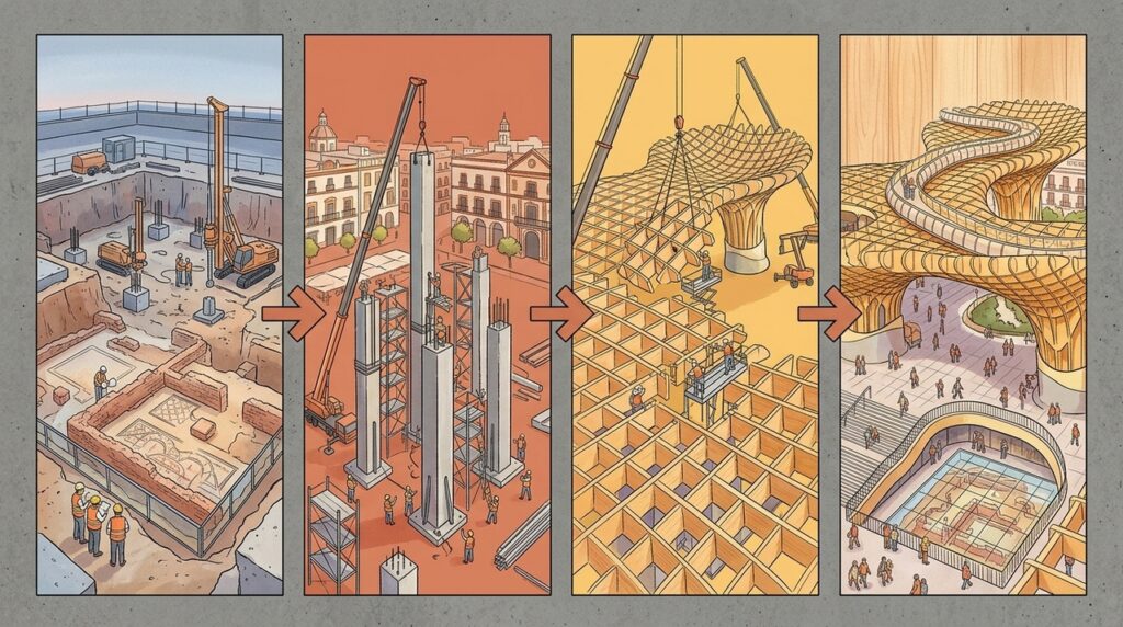 Com mais de 11 mil metros quadrados de cobertura, o Metropol Parasol transformou uma praça histórica em uma estrutura futurista