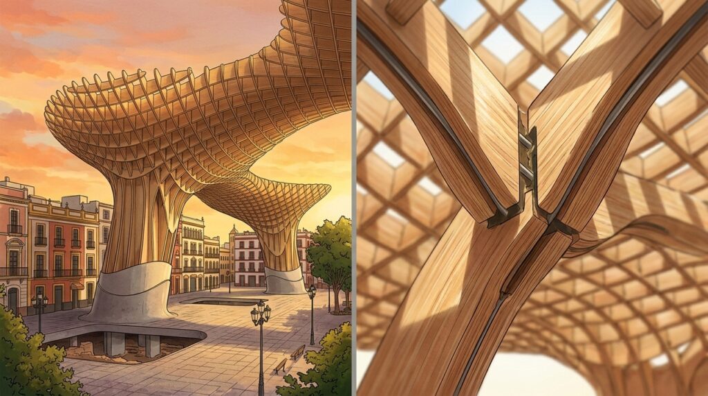 Com mais de 11 mil metros quadrados de cobertura, o Metropol Parasol transformou uma praça histórica em uma estrutura futurista