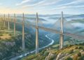 O viaduto de Millau fica a centenas de metros do chão e parece uma estrada suspensa no céu