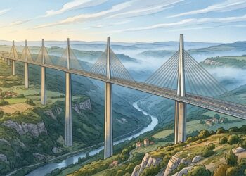 O viaduto de Millau fica a centenas de metros do chão e parece uma estrada suspensa no céu