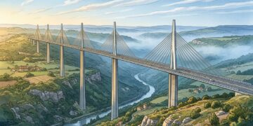 O viaduto de Millau fica a centenas de metros do chão e parece uma estrada suspensa no céu
