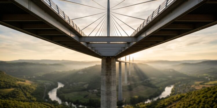 Com 2.460 metros, o Viaduto de Millau usa aço, concreto e estais para vencer o Vale do Tarn