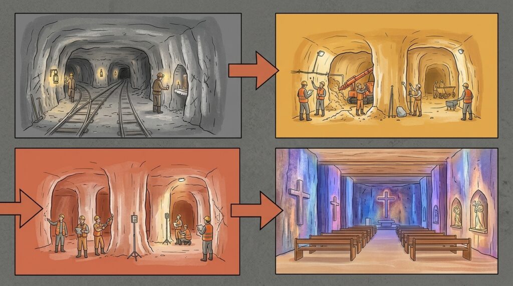 Escavado dentro de uma montanha de sal, um santuário transforma corredores subterrâneos em uma impressionante catedral iluminada