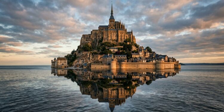 O Mont-Saint-Michel foi construído sobre uma pequena ilha onde, durante séculos, a maré baixa revelava o caminho até suas muralhas