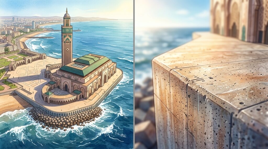 Construída junto ao Atlântico, a Mesquita Hassan II parece flutuar sobre a água e resiste à força do oceano