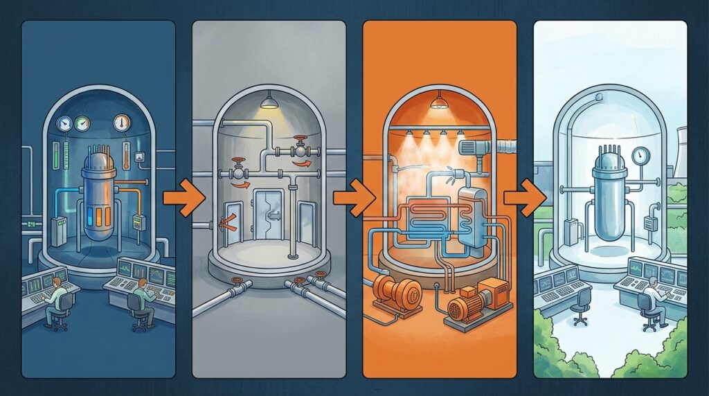 Com quase 40 metros de diâmetro, uma contenção nuclear de aço envolve o reator enquanto concreto e sistemas redundantes seguram pressão e eventos extremos