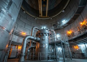 Com quase 40 metros de diâmetro, uma contenção nuclear de aço envolve o reator enquanto concreto e sistemas redundantes seguram pressão e eventos extremos
