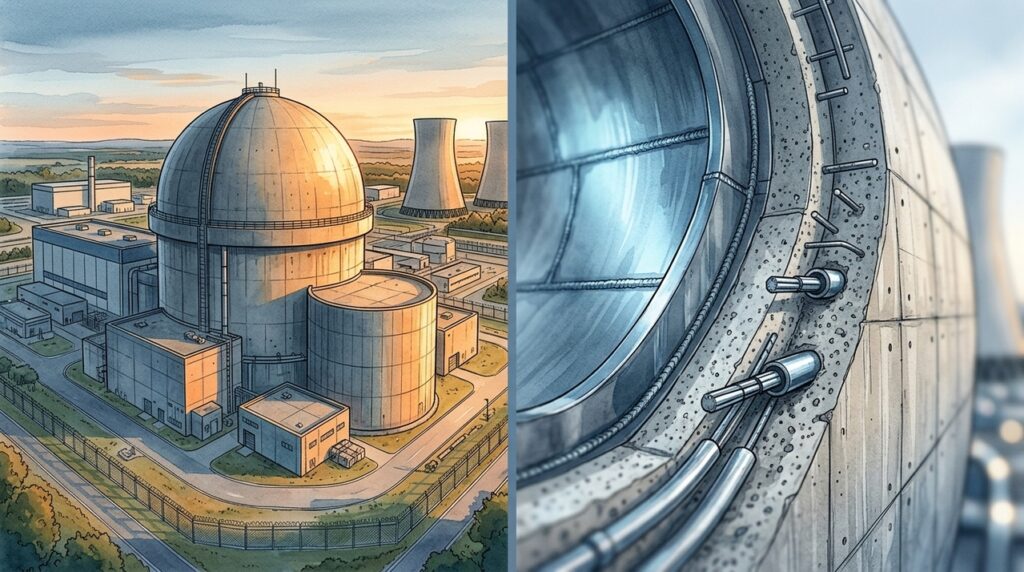 Com quase 40 metros de diâmetro, uma contenção nuclear de aço envolve o reator enquanto concreto e sistemas redundantes seguram pressão e eventos extremos
