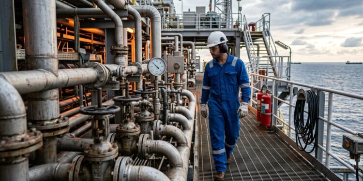 Operador de produção offshore monitora processos em plataformas