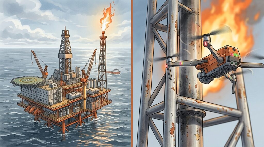 Plataformas começam a receber drones industriais offshore capazes de inspecionar tochas, chaminés e estruturas metálicas sem interromper a produção