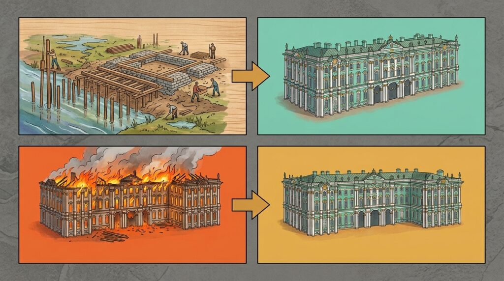 Erguido sobre solo úmido às margens do Neva, o Palácio de Inverno permanece de pé há mais de 260 anos