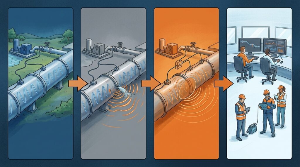 Sensores acústicos instalados nos dutos escutam o próprio fluxo do petróleo para identificar vazamentos antes que apareçam na superfície