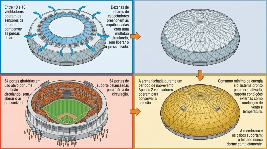 Uma enorme cobertura pneumática usa a pressão do ar para manter o teto do Tokyo Dome suspenso