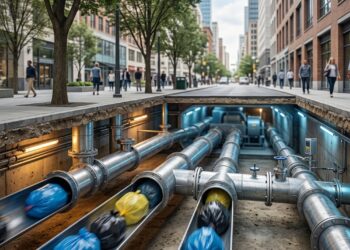 O túnel que transporta lixo por tubos subterrâneos elimina milhares de viagens de caminhões de coleta em grandes cidades