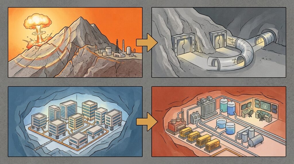 Enterrado a centenas de metros sob a montanha, o Cheyenne Mountain Complex foi construído como uma cidade militar para continuar funcionando mesmo durante um ataque nuclear