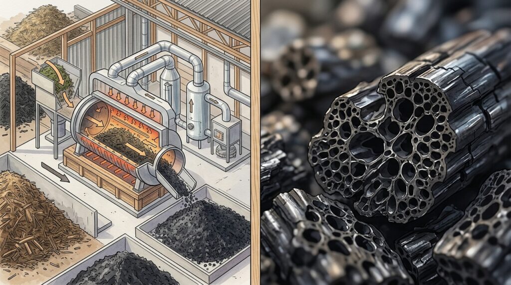 Um sistema transforma resíduos da indústria madeireira em biochar, um carvão vegetal de alta tecnologia capaz de armazenar carbono por décadas