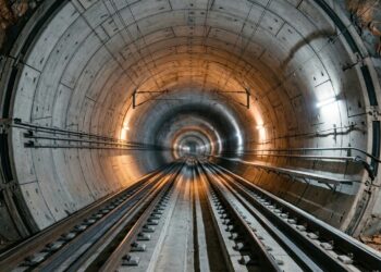 Um túnel ferroviário, o Túnel T9, atravessa uma falha geológica ativa e usa segmentos flexíveis para suportar movimentos futuros da montanha
