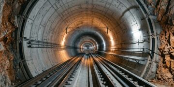 Um túnel ferroviário, o Túnel T9, atravessa uma falha geológica ativa e usa segmentos flexíveis para suportar movimentos futuros da montanha