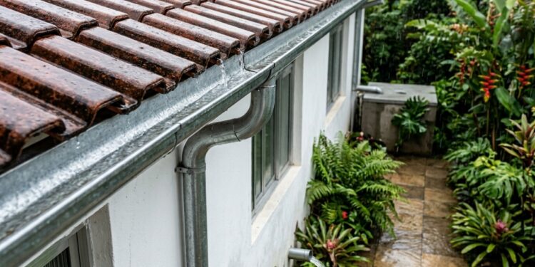 Sistema residencial que conduz a chuva do telhado até uma cisterna e uma rede separada de uso