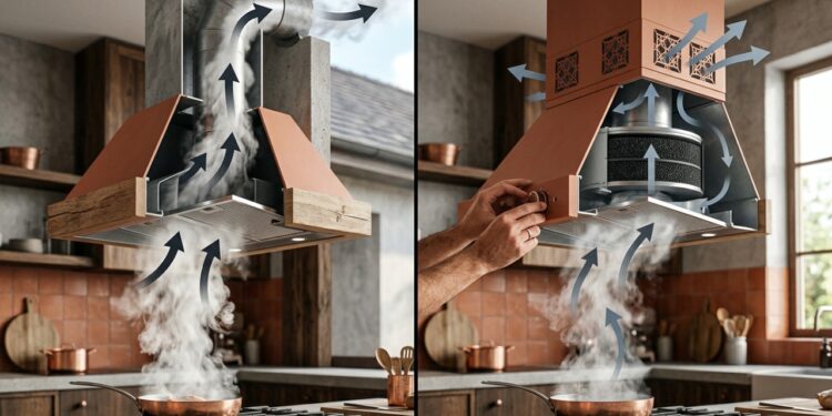 Coifa no modo exaustor tira fumaça e vapor da cozinha