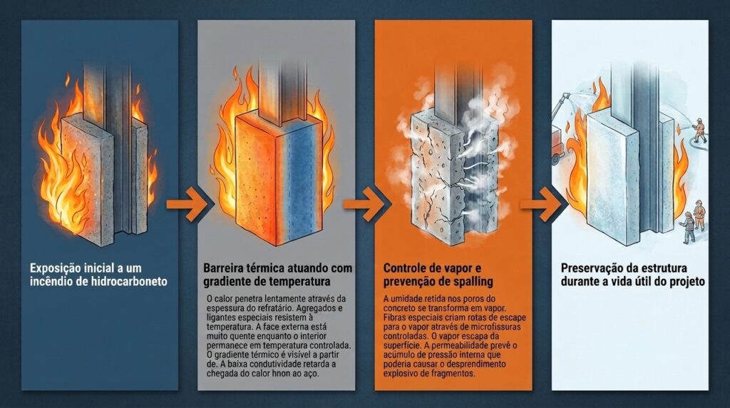 Concretos refratários de alto desempenho protegem bases de plataformas e plantas industriais durante incêndios extremos