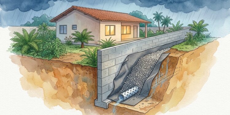 Drenagem de muro reduz pressão da água atrás da contenção