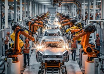 Uma fábrica altamente automatizada coordena robôs e trabalhadores para produzir centenas de milhares de veículos por ano