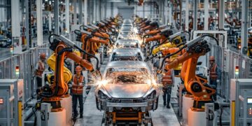 Uma fábrica altamente automatizada coordena robôs e trabalhadores para produzir centenas de milhares de veículos por ano