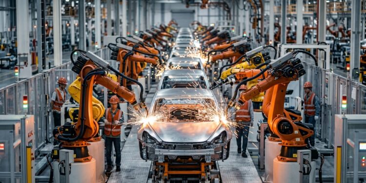 Uma fábrica altamente automatizada coordena robôs e trabalhadores para produzir centenas de milhares de veículos por ano