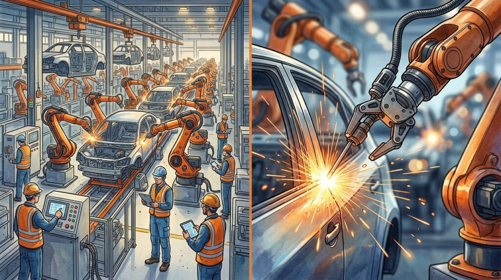 Uma fábrica altamente automatizada coordena robôs e trabalhadores para produzir centenas de milhares de veículos por ano