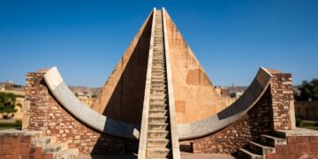 Com cerca de 27 metros de altura, o Samrat Yantra na Índia funciona como um enorme relógio solar e muda a forma como a arquitetura mede o tempo