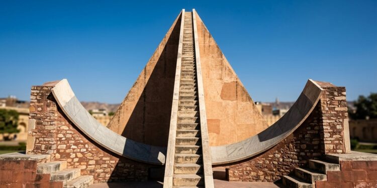 Com cerca de 27 metros de altura, o Samrat Yantra na Índia funciona como um enorme relógio solar e muda a forma como a arquitetura mede o tempo