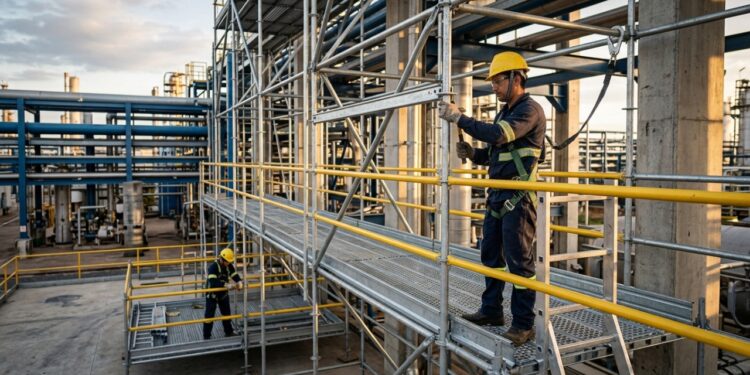 Montagem segura de estruturas temporárias para acesso e trabalho em altura