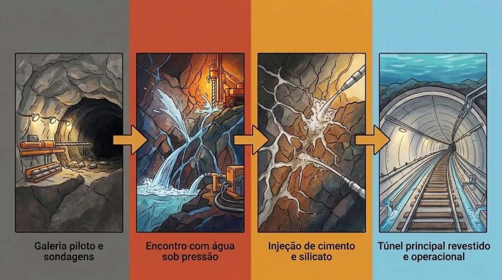 Construído sob um estreito de águas geladas, o Túnel Seikan precisou vencer rochas fraturadas e infiltrações do mar